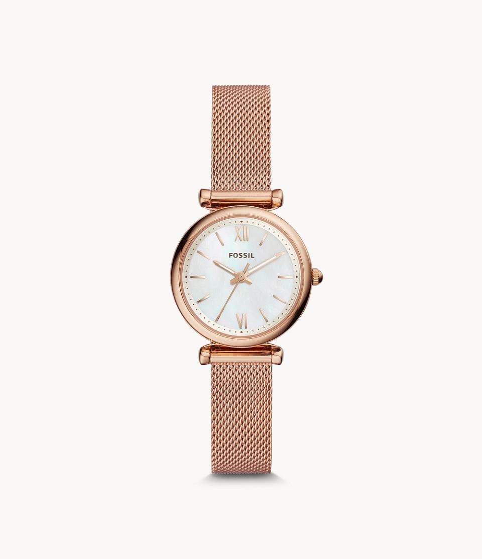 Carlie Mini Three-Hand Rose Gold-Tone Stainless Steel Watch. Image via Fossil.