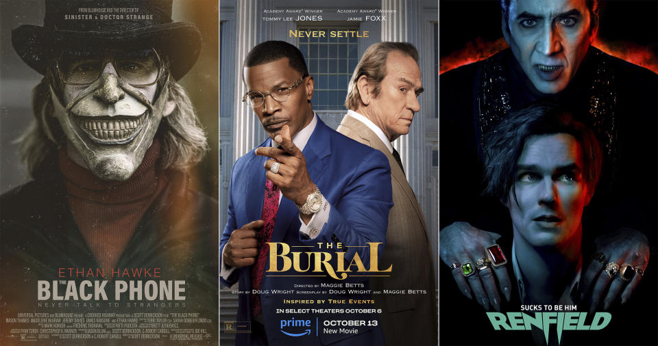 This combination of images shows promotional art for "Black Phone," a film streaming Thursday on Peacock, left, "The Burial," a film streaming Friday on Prime Video center, and "Renfield," streaming Tuesday on Prime Video. (Peacock/Prime Video/Prime Video via AP)