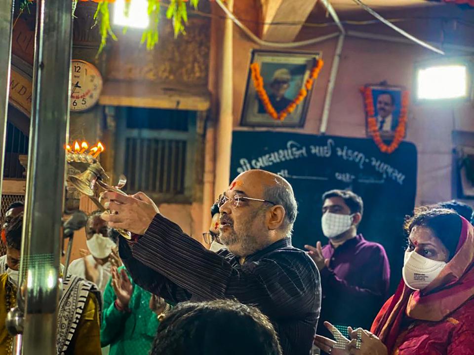 Home Minister Amit Shah offers prayers at Bahuchar Mata Temple on the first day of Navratri festival, at Mansa in Gandhinagar district.