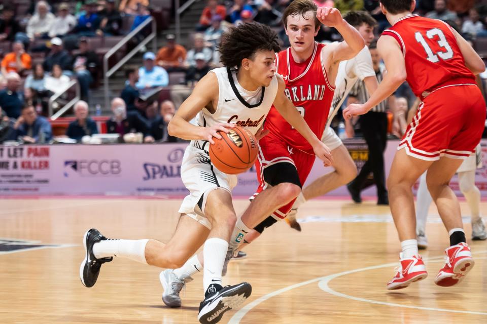 Central York's Ben Natal drives to the hoop during the PIAA Class 6A Boys Basketball Championship against Parkland at the Giant Center on March 23, 2024, in Hershey. The Panthers won, 53-51, to capture their first title in program history.