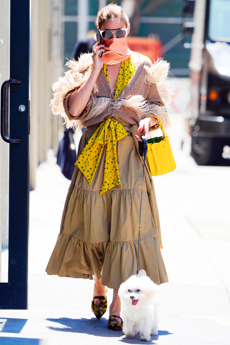 <p>Olivia Palermo rocks a boho maxi dress while walking her dog, Mr. Butler, in N.Y.C. on Monday. </p>