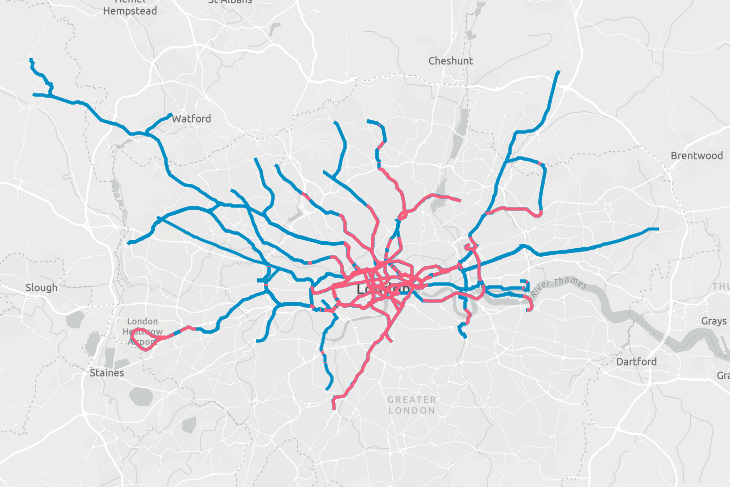 The map also shows which parts of lines are above or below ground (Esri UK)