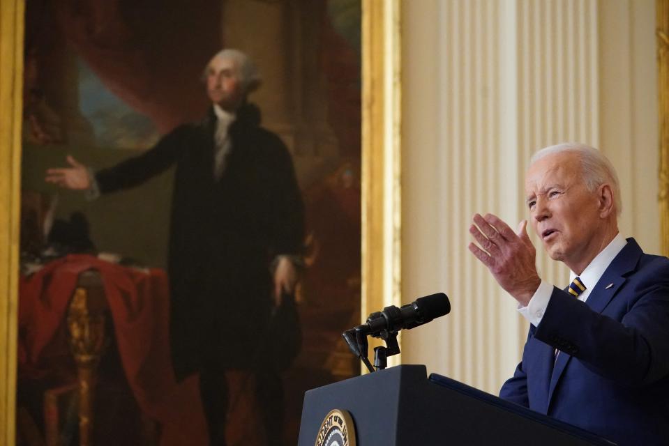 US President Joe Biden speaks during a news conference in the East Room of the White House, on January 19, 2022, in Washington, DC.