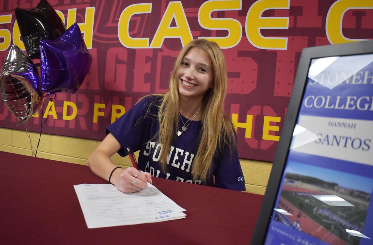 Case's Hannah Santos signs with Stonehill College Tuesday Nov. 28, 2023.
