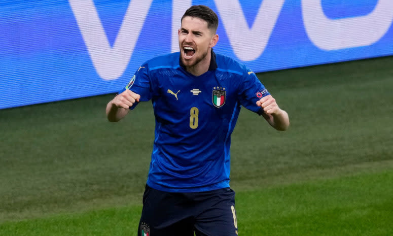 Italy's Jorginho celebrates a semifinal win at Euro 2020.