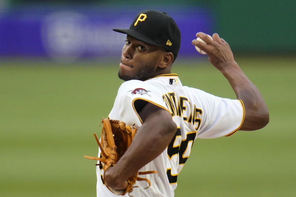 Pittsburgh Pirates starting pitcher Roansy Contreras delivers during the first inning of the team's baseball game against the Colorado Rockies in Pittsburgh, Tuesday, May 24, 2022. (AP Photo/Gene J. Puskar)