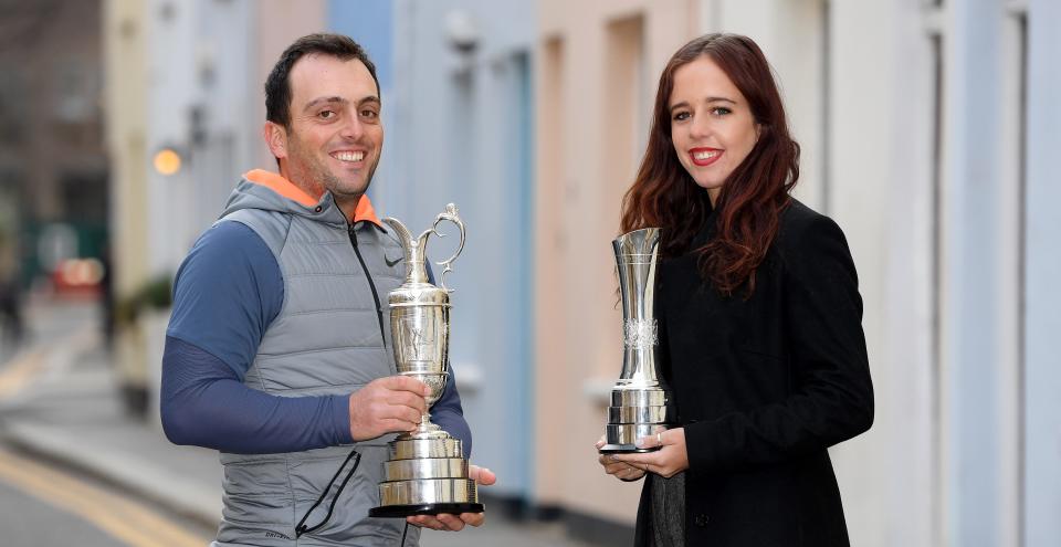 LONDON, ENGLAND - DECEMBER 14: Francesco Molinari of Italy and Georgia Hall of England pose with their British Open trophies during a photo opportunity on December 14, 2018 in London, England. (Photo by Ross Kinnaird/Getty Images)