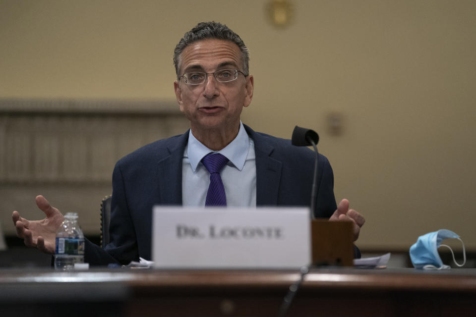 Dr. Joseph Loconte, Associate Professor of History at The King's College in New York City, testifies during a House Committee on Natural Resources, Subcommittee on National Parks, Forests, and Public Lands hearing on Capitol Hill in Washington, Tuesday, July 21, 2020, as they consider bills to remove Confederate statues. (AP Photo/Carolyn Kaster)