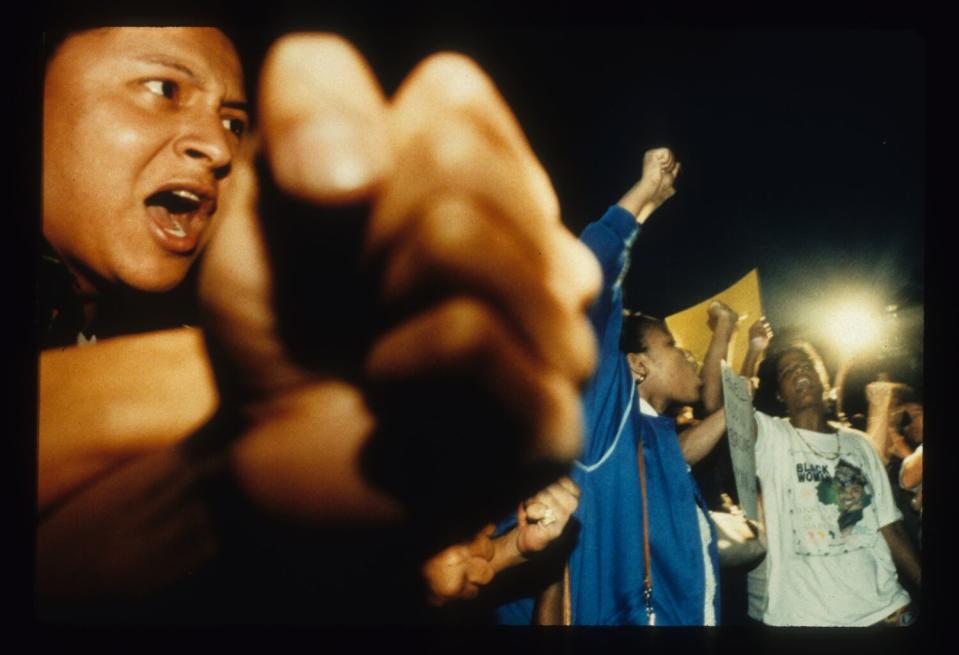 Demonstrations in front of Parker Center during LA riots.