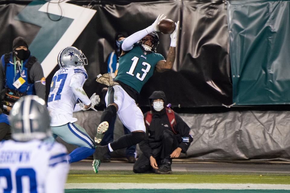 Eagles' Travis Fulgham (13) catches the ball for a touchdown against the Cowboys Sunday, Nov. 1, 2020 in Philadelphia, Pa.