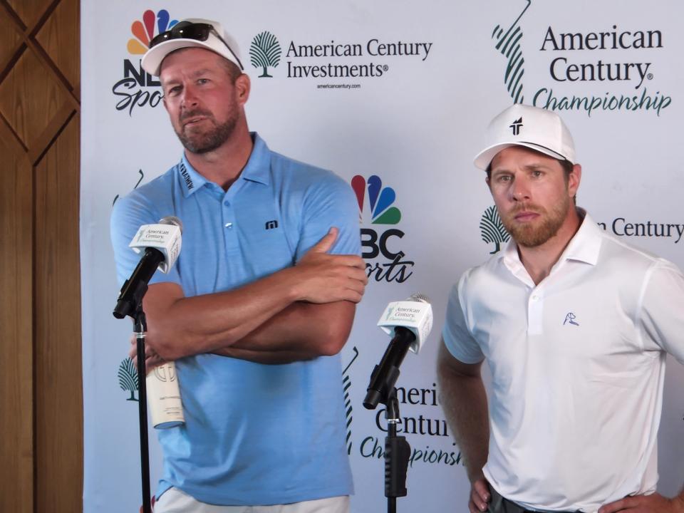 Mark Mulder, left, and Joe Pavelski talk to the media Sunday after losing to Tony Romo in the ACC celebrity golf tournament on Sunday at Edgewood Tahoe.