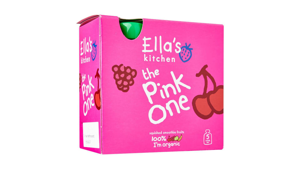 A box of Ella's Kitchen The Pink One Squished Smoothie Fruits 6+ Months. 