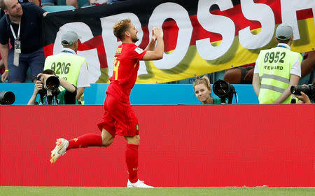 El delantero belga Dries Mertens festeja tras convertir frente a Panamá en un duelo por el grupo G de la Copa del Mundo de la FIFA en Sochi, Rusia, jun 18, 2018. REUTERS/Max Rossi