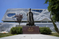 A statue of ancient Chinese philosopher Confucius stands in front of the Chinese Cultural Center in Belgrade, Serbia, Monday, April 29, 2024. Chinese leader Xi Jinping's visit to European ally Serbia on Tuesday, May 7, falls on a symbolic date: the 25th anniversary of the bombing of the Chinese Embassy in Belgrade during NATO's air war over Kosovo. (AP Photo/Darko Vojinovic)