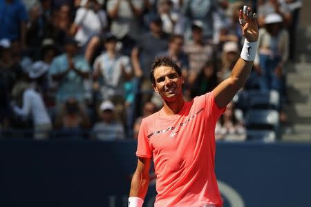 Sep 4, 2017; New York, NY, USA; Rafael Nadal of Spain celebrates after his match against Alexandr Dolgopolov of Ukraine (not pictured) on day eight of the U.S. Open tennis tournament at USTA Billie Jean King National Tennis Center. Mandatory Credit: Geoff Burke-USA TODAY Sports