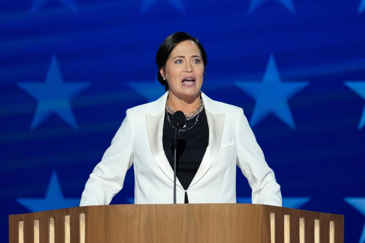 Aug 20, 2024; Chicago, IL, USA; Former Trump White House Press Secretary Stephanie Grisham speaks during the second day of the Democratic National Convention at the United Center.