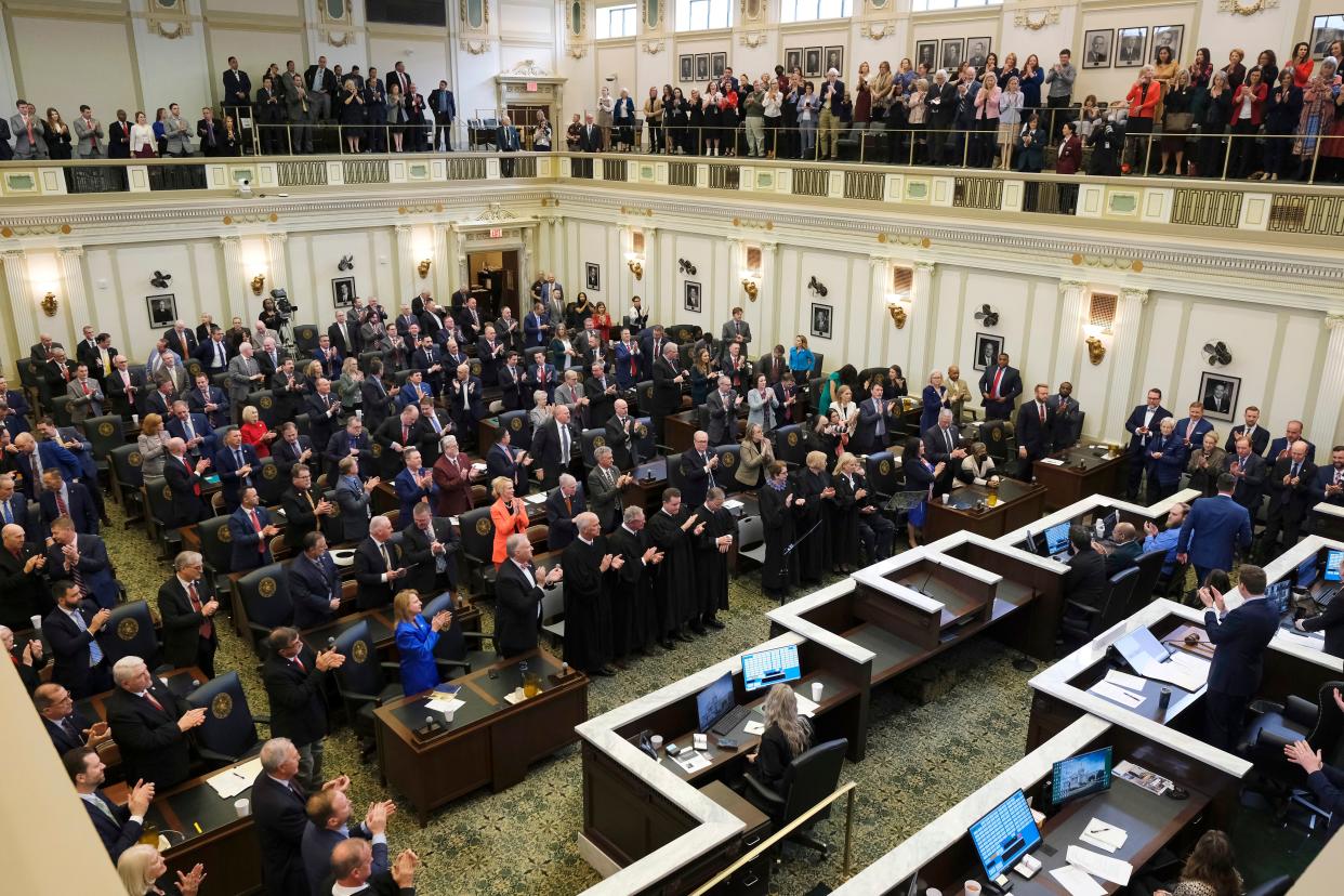 The Oklahoma Legislature applauds during Gov. Kevin Stitt's State of the State address in February.