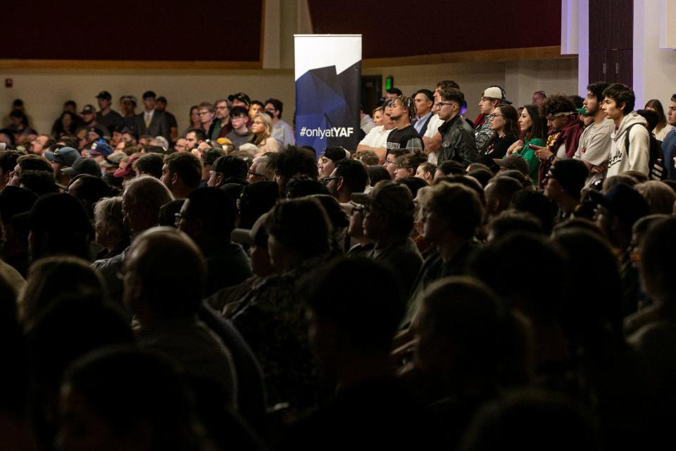 The crowded attending Matt Walsh's talk numbered in the hundreds on April 4, 2023.