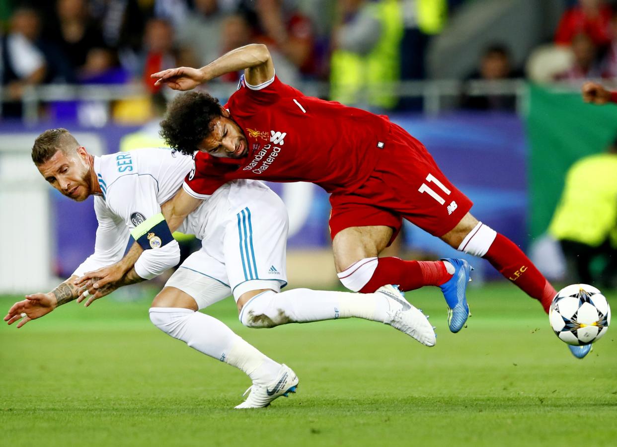 (L-R) Sergio Ramos of CF Real Madrid, Mohamed Salah of Liverpool FC during the UEFA Champions League final between Real Madrid and Liverpool on May 26, 2018 at NSC Olimpiyskiy Stadium in Kyiv, Ukraine(Photo by VI Images via Getty Images)