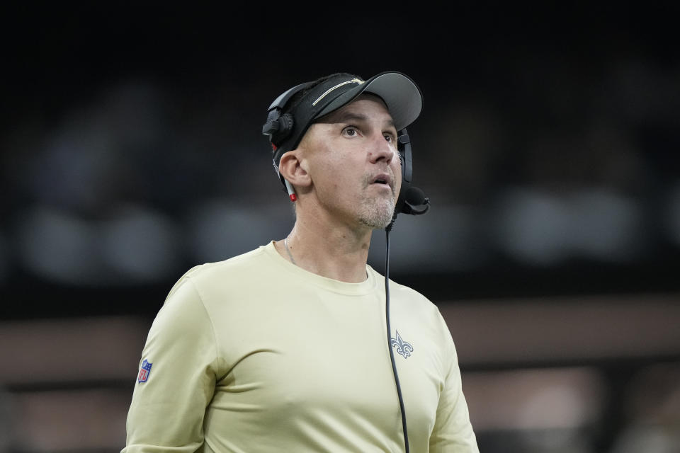 New Orleans Saints head coach Dennis Allen watches from the sideline during the second half of an NFL football game against the Tampa Bay Buccaneers, in New Orleans, Sunday, Oct. 1, 2023. (AP Photo/Gerald Herbert)
