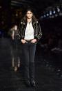<p>The Californian beauty wore a black blazer, white shirt and jeans for the Saint Laurent Men's SS19 show in New Jersey, June 2018</p>