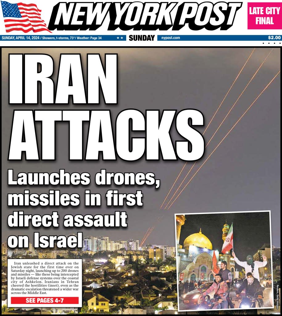 Front cover of the New York Post on April 14, 2024.