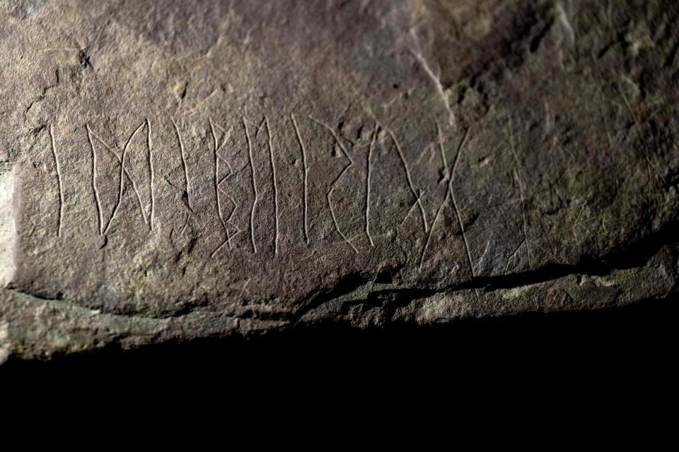 Detailed view taken on on January 17, 2032 in Oslo shows inscriptions on a sandstone rock, believed to be the world's oldest runestone inscribed almost 2,000 years ago, making it several hundred centuries older than the earliest known ones, they said 17, 2032. - The square brown sandstone rock, measuring about 30x30 centimetres (12x12 inches), was found during the excavation of an ancient burial ground in late 2021, near the Tyrifjorden Lake northwest of Oslo ahead of construction on a railway line. Carbon dating of bones and wood found in a grave beside the rune suggest that it was inscribed sometime between year 1 and 250, Oslo's Museum of Cultural History said.
 - Norway OUT (Photo by Javad Parsa / NTB / AFP) / Norway OUT (Photo by JAVAD PARSA/NTB/AFP via Getty Images)