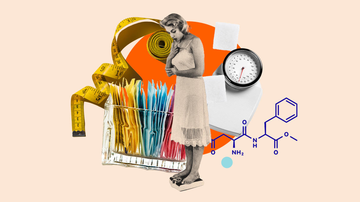 A photo collage shows a woman weighing herself; packets of artificial sweetener; a measuring tape; a weight scale; and a molecular diagram.