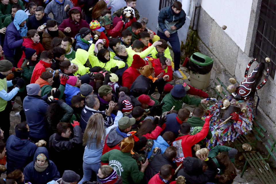 In this photo taken on Sunday, Jan. 19, 2020, People throw turnips at the Jarramplas as he makes his way through the streets beating his drum during the Jarramplas festival in the tiny southwestern Spanish town of Piornal, Spain. The Jarramplas festival features a man in multicolored garb and pointy wooden headgear to shield himself from turnips. A crowd of men in the street pelt the man with the vegetables from close range at the fiesta held annually at Piornal, 200 kilometers west of Madrid, over two days. (AP Photo/Manu Fernandez)