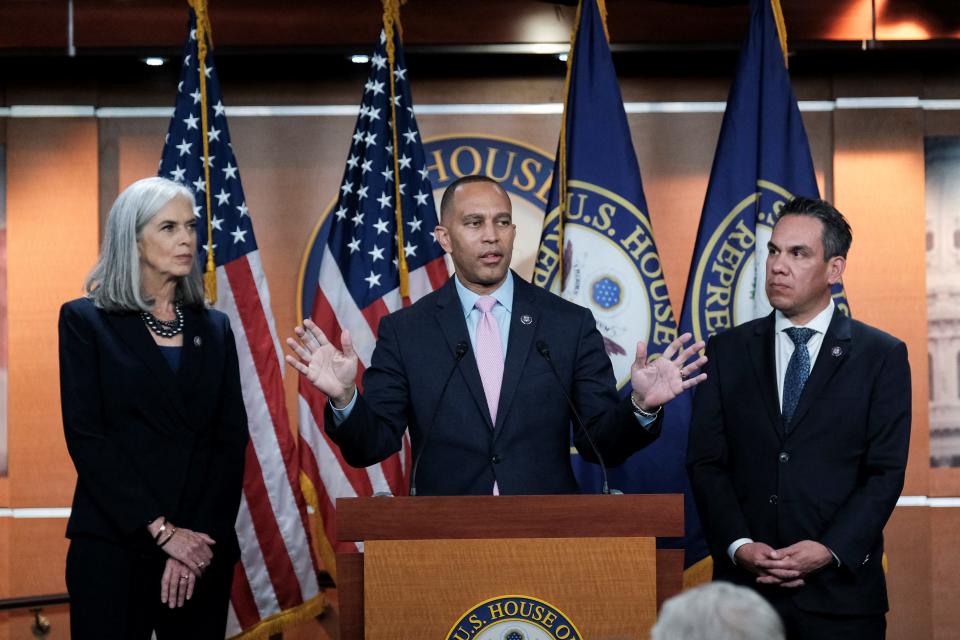 U.S. Rep. Hakeem Jeffries (D-NY) speaks at House Leadership news conference, flanked by Rep. Katherine Clark (D-MA) and Rep. Pete Aguilar (D-CA) on Capitol Hill in Washington, D.C. on November 30, 2022.