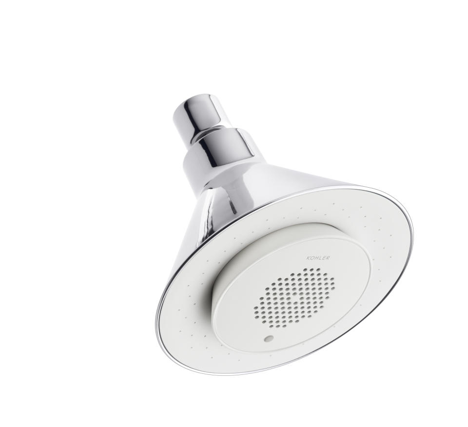 This product publicity photo provided by Kohler Co. shows a Moxie Showerhead in polished chrome with an integrated speaker. You want a better bathroom, but don’t want to put a drain on your finances? It’s easy to give the bathroom a makeover with small changes. (AP Photo/Kohler Co.)