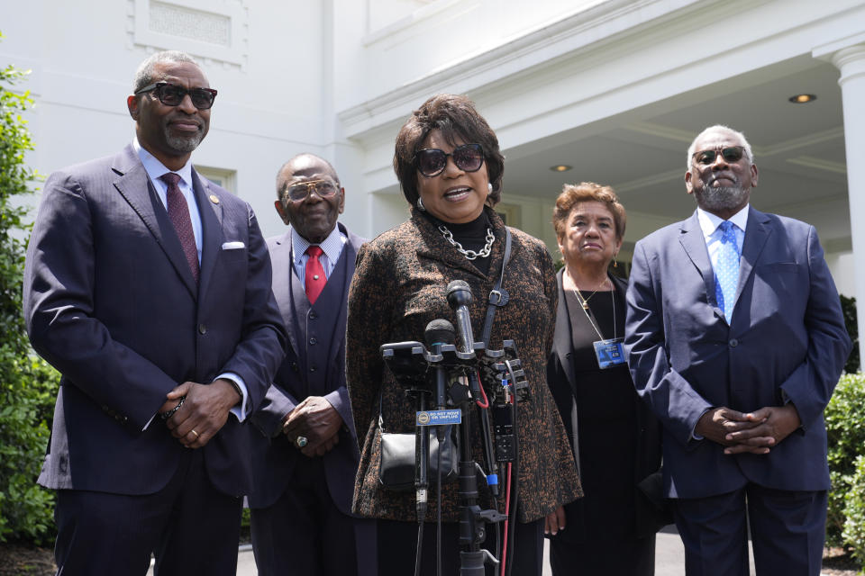 Cheryl Brown Henderson, center, daughter of Brown v. Board of Education named plaintiff Oliver Brown, speaks to reporters outside the White House in Washington, Thursday, May 16, 2024, after meeting with President Joe Biden to mark the 50th anniversary of the historic Supreme Court decision. Henderson is joined by, from left, NAACP President Derrick Johnson, Brown v. Board of Education plaintiff and veteran John Stokes, unidentified, and Nathaniel Briggs, son of Brown v. Board of Education named plaintiff Harry Briggs Jr. (AP Photo/Susan Walsh)