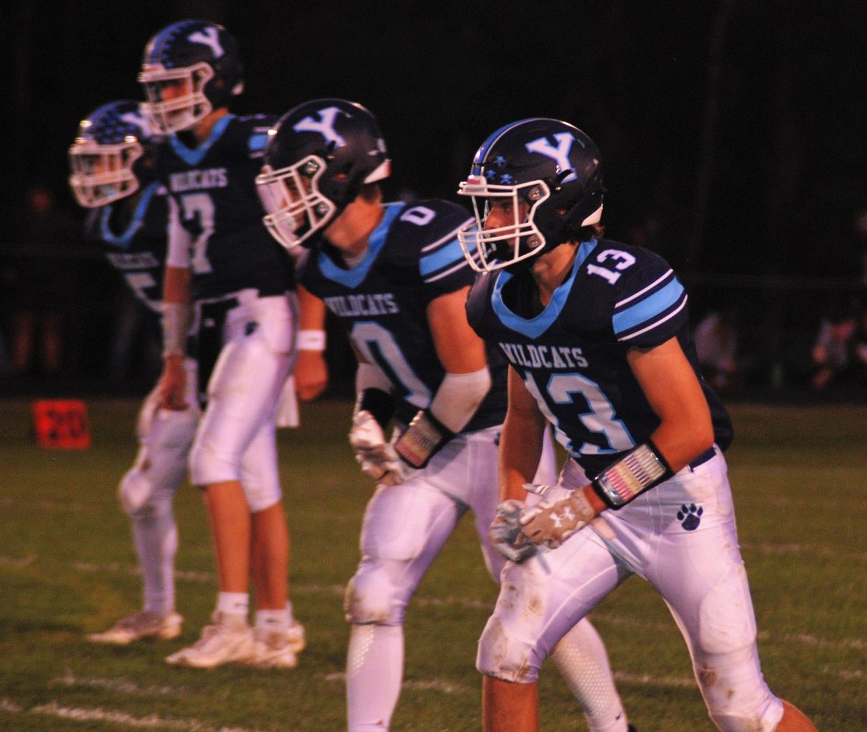 Ben Brown, Ben Orso, Peter Martin and Brody Gullison line up pre-snap during York's 63-13 loss to Leavitt on Friday night.