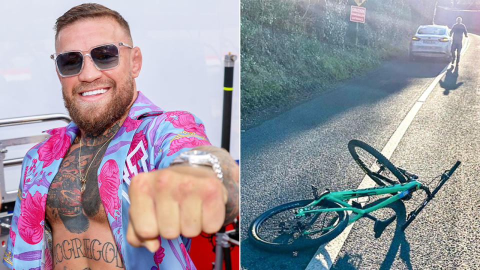 Pictured left is Conor McGregor and on the right is the aftermath of an incident that saw him hit by a car.