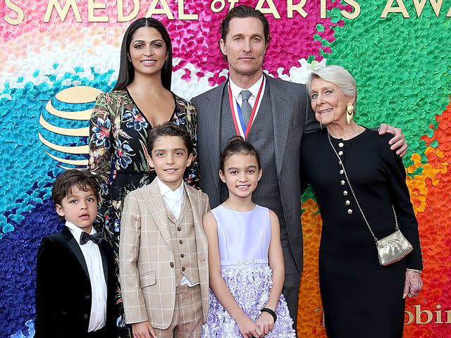<p>Gary Miller/Getty</p> Livingston Alves McConaughey, Camila Alves, Levi Alves McConaughey, honoree Matthew McConaughey, Vida Alves McConaughey and Kay McConaughey attend the Texas Medal Of Arts Awards on Feb. 27, 2019 in Austin, Texas.