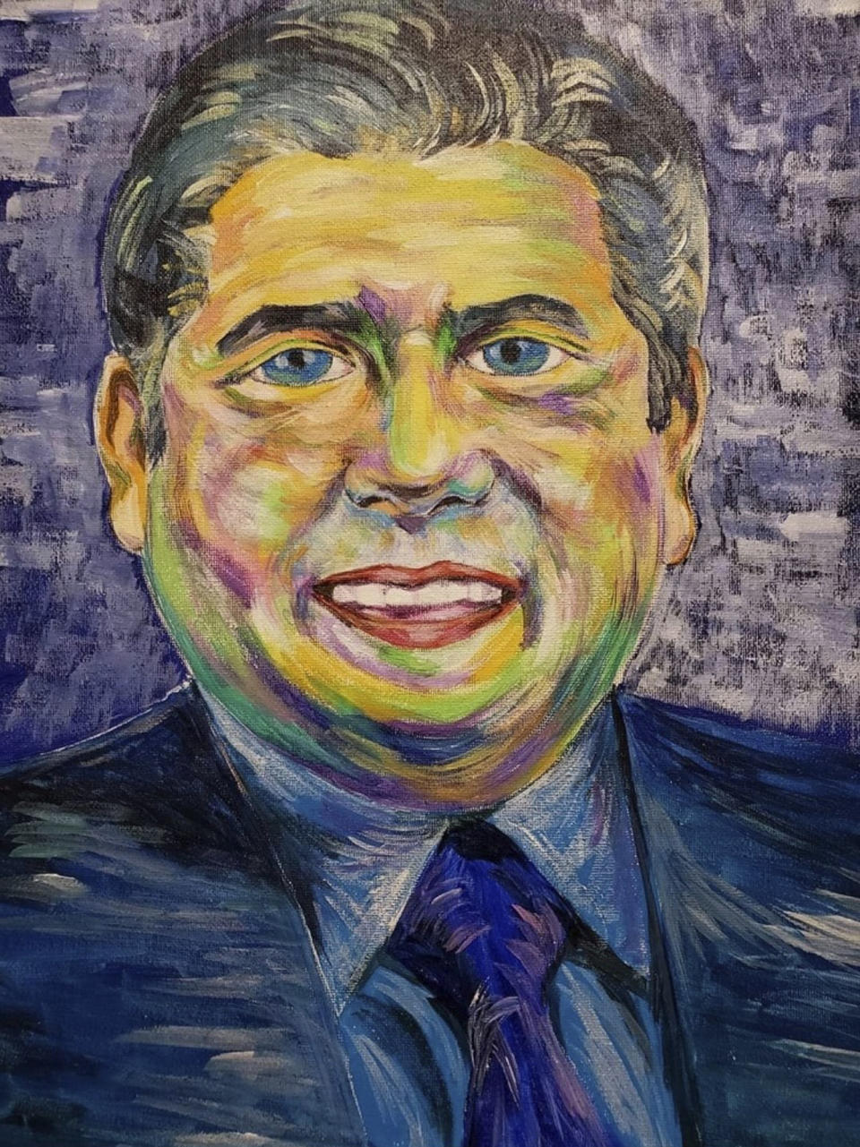 This photo provided by SeungRi “Victoria” Park shows their painting of Illinois Gov. J.B. Pritzker, entitled “2:30 p.m. Man,” created during the COVID-19 pandemic. Park, a Chicago schoolteacher and artist, sent the painting to Pritzker as a gift. (SeungRi “Victoria” Park via AP)