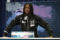 Alabama wide receiver Jerry Jeudy speaks during a press conference at the NFL football scouting combine in Indianapolis, Tuesday, Feb. 25, 2020. (AP Photo/Michael Conroy)