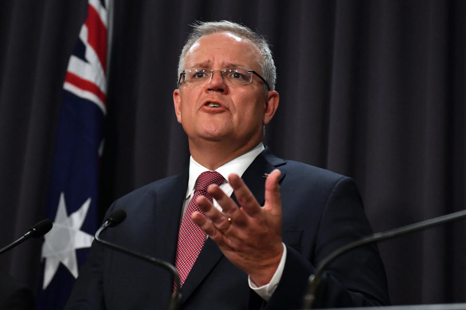 Prime Minister Scott Morrison gives an update on the coronavirus at a press conference at Parliament House in Canberra, Tuesday, March 3, 2020.