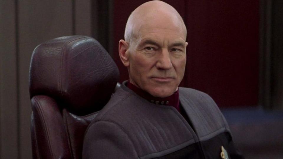 Patrick Stewart as a older Jean-Luc Picard in his captain's chair