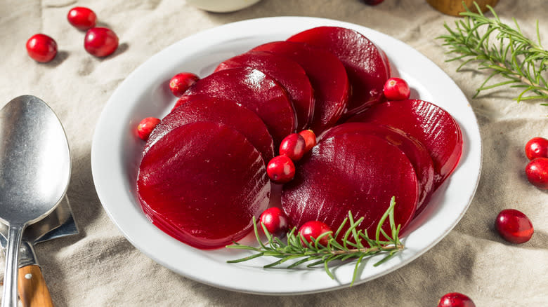 Slices of canned cranberry sauce