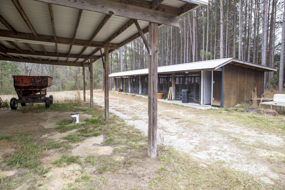 The hangar and dog kennels where the bodies of Paul and Maggie were found, pictured on March 1, 2023