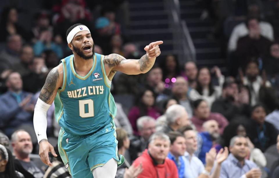 Charlotte Hornets forward Miles Bridges (0) reacts after scoring during the second half against the Chicago Bulls at the Spectrum Center.