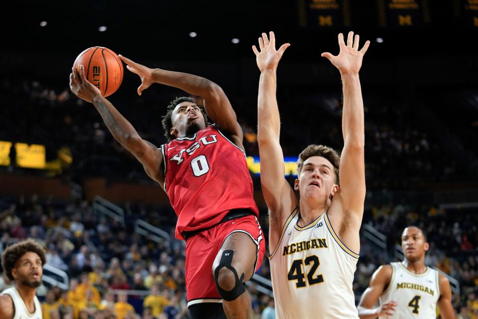 Youngstown State guard Brandon Rush (0) drives on Michigan forward Will Tschetter (42) in the first half at Crisler Center in Ann Arbor on Friday, Nov. 10, 2023.