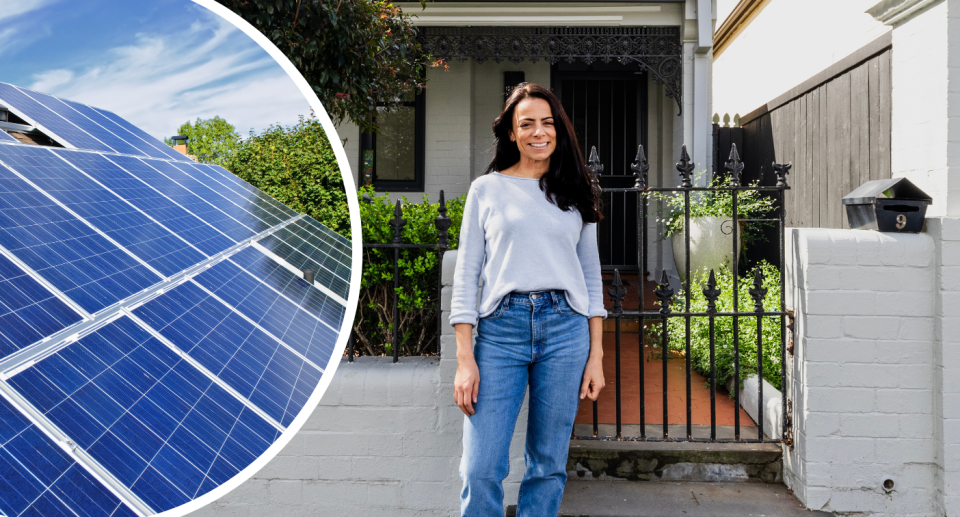 Image of solar panels on house and Stephanie Munzone-Loxton standing outside home. Energy saving concept.