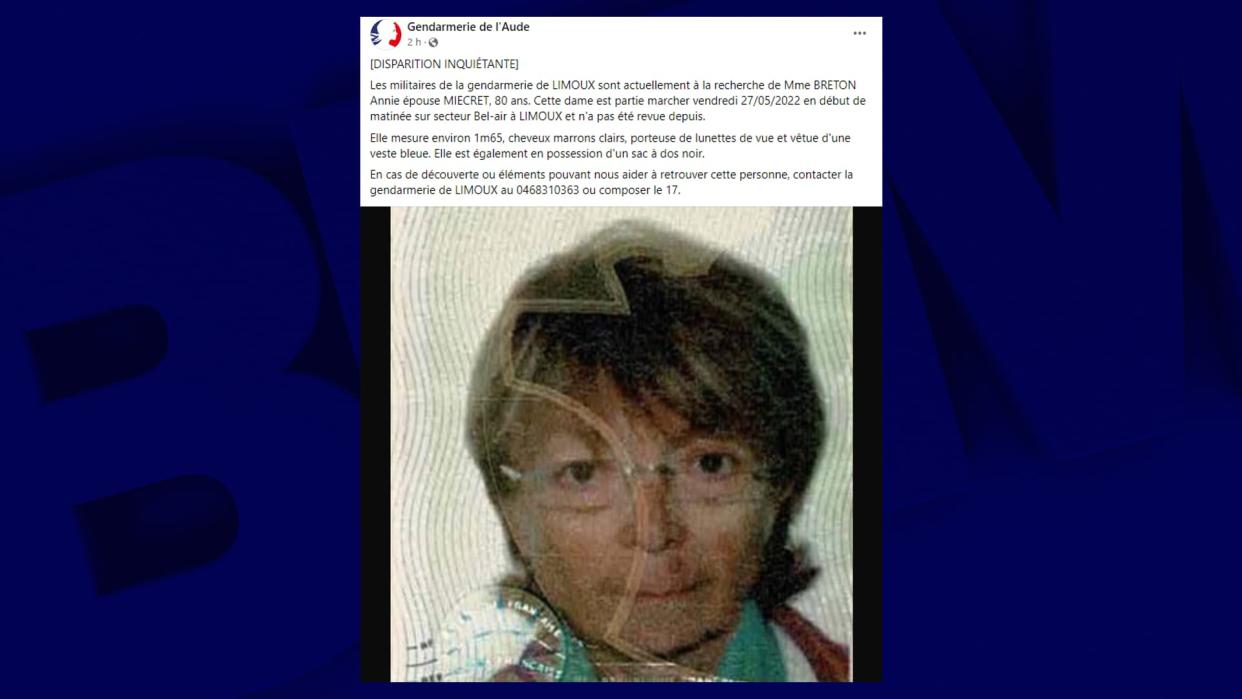 Annie B., 80 ans, a disparu dans la matinée du vendredi 27 mai 2022 à Limoux (Aude).  - Gendarmerie de l'Aude