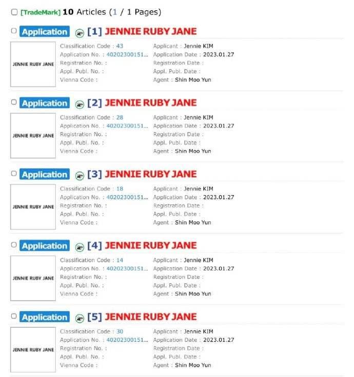 Jennie向韓國專利局申請「Jennie Ruby Jane」的商標。（圖／翻攝自Dcard）