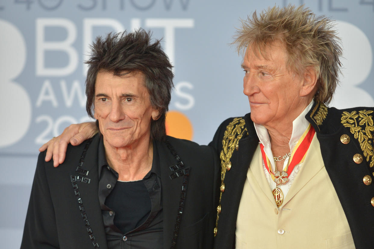 Ronnie Wood and Rod Stewart enjoyed a hug as lockdown restrictions lifted. (Photo by Jim Dyson/Redferns)