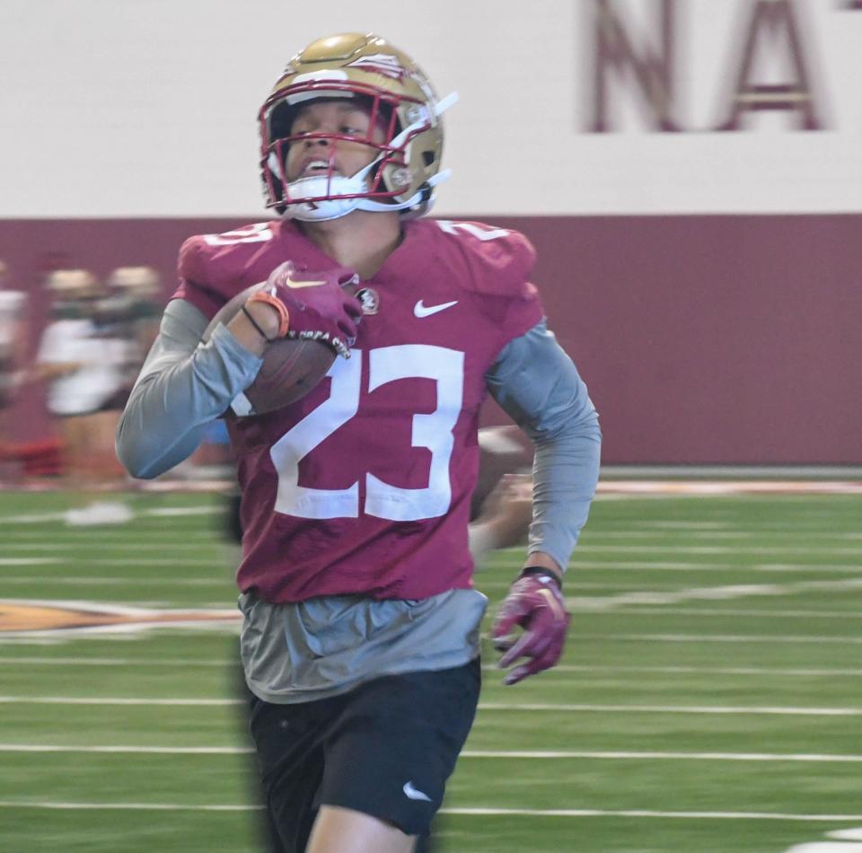 Florida State football players take part in drills during FSU final spring football practice of the 2023 season on Monday, April 17, 2023.