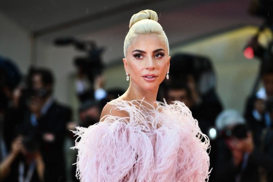 Lady Gaga wearing an upswept do and feathery top