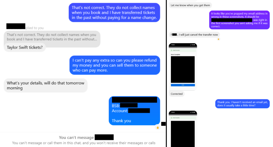 Screenshots from the Facebook conversation between the fan and the Taylor Swift ticket 'seller'.
